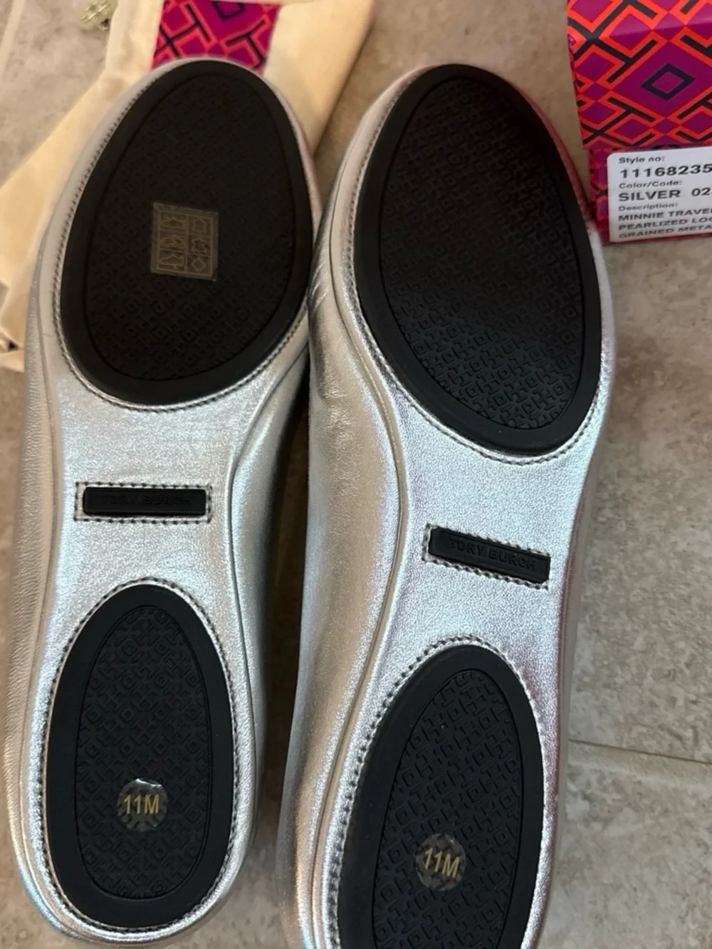 Tory Burch Metallic Silver Minnie Travel Ballet Flats